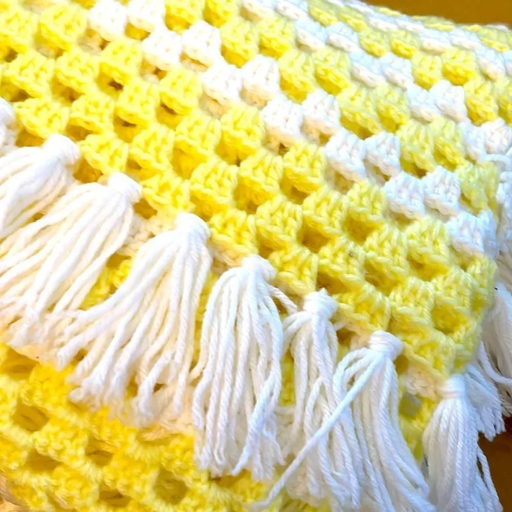 Crocheted Baby Blanket Yellow & White Handmade 45”X45”